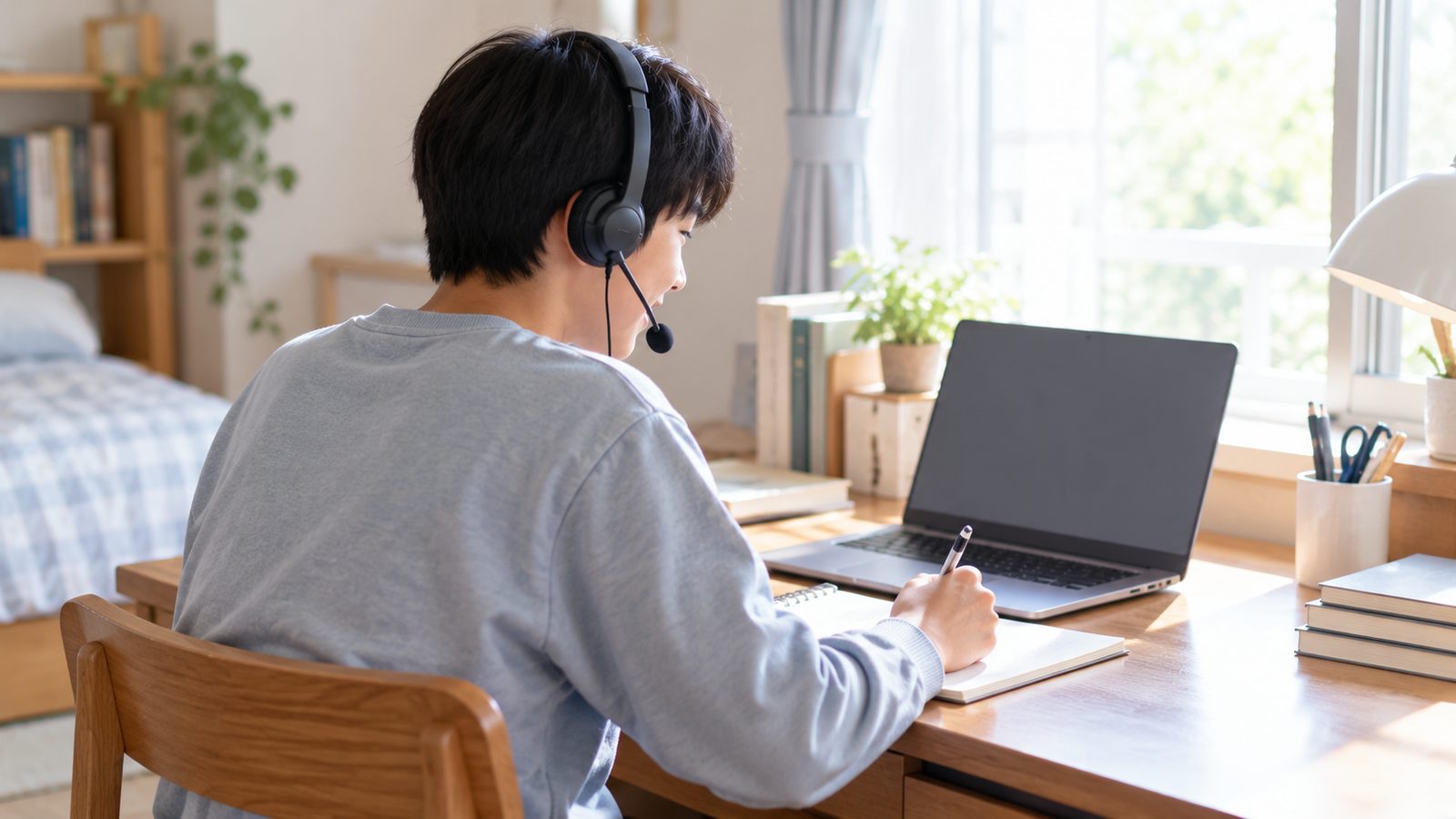 ヘッドセットを着けてノートパソコンに向かい、ノートに書き込む中学生