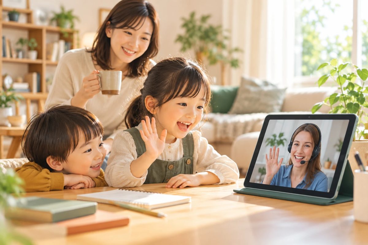タブレットで英会話レッスンを受ける子どもと、見守る家族（AIで生成したイメージ画像）